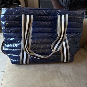 THINK ROYLN Patent Wingman Puffer Large Tote Bag Navy Blue